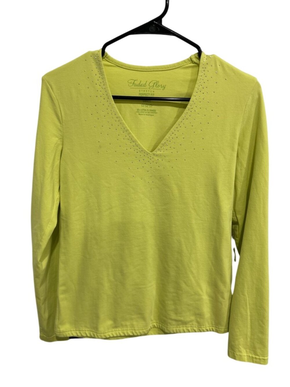 Faded Glory Lime Green Long Sleeve Studded V-Neck Top Size Small Stretchy Y2K